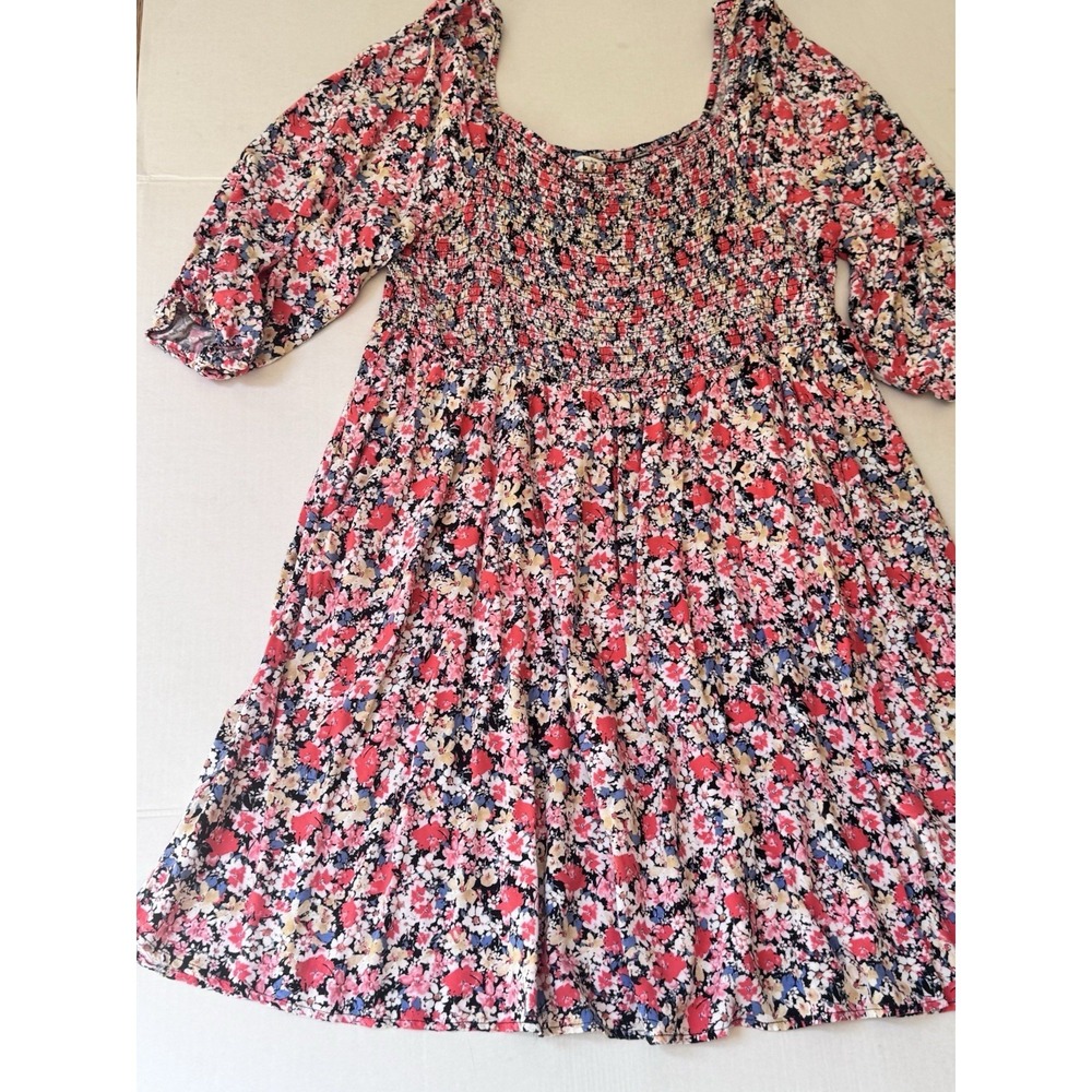Terra & Sky Floral Smocked Mini Dress Womens 2x Square Neck 3/4 Sleeve - Picture 2 of 13
